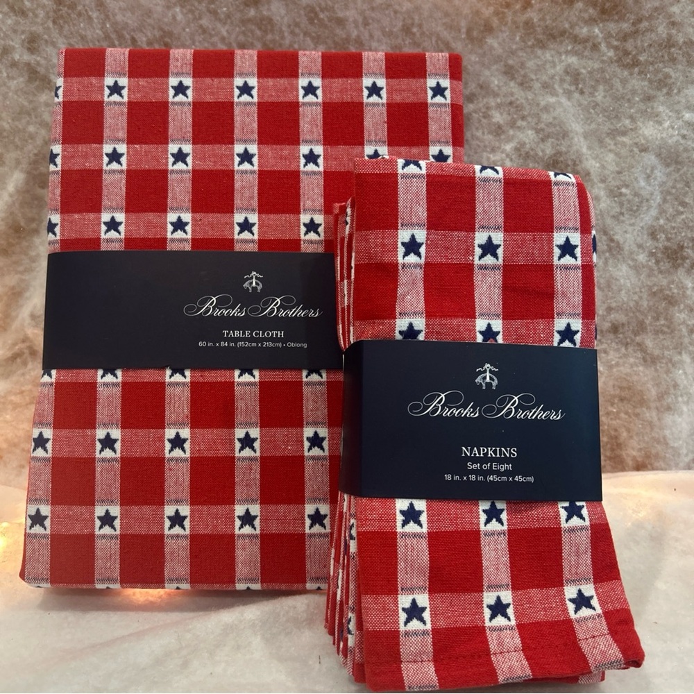Brooks Brothers Americana Plaid Stars 60x84 Tablecloth And 8 Pc Napkin Set New